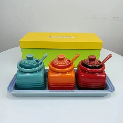 Le Creuset Inspired Ceramic Condiment Jar Set with Tray & Spoons (3-Piece Color Set)