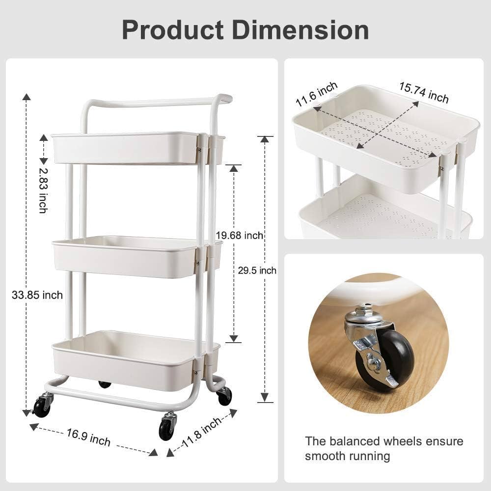 3-Tier Metal Rolling Kitchen Trolley Cart with Wheels – Multipurpose Storage Organizer