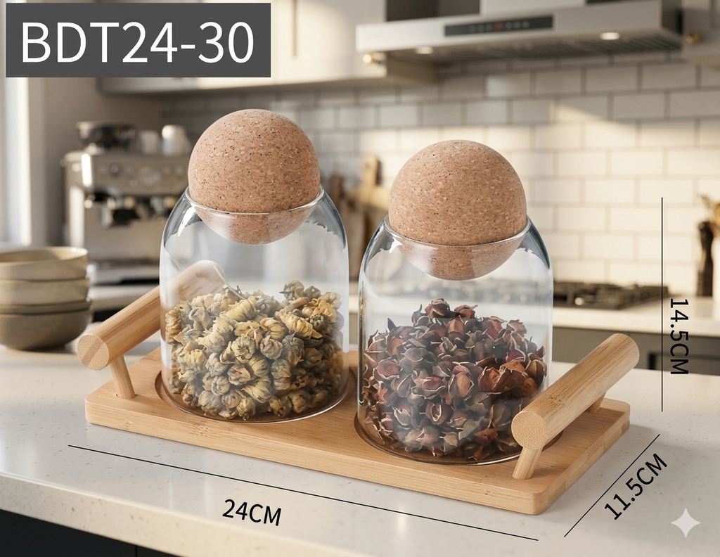 Aesthetic Glass Storage Canisters (2-Piece Set) - Wood Display Base & Sphere Cork Lids