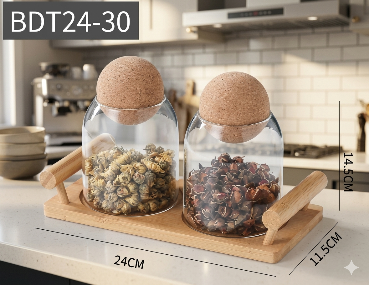 Aesthetic Glass Storage Canisters (2-Piece Set) - Wood Display Base & Sphere Cork Lids