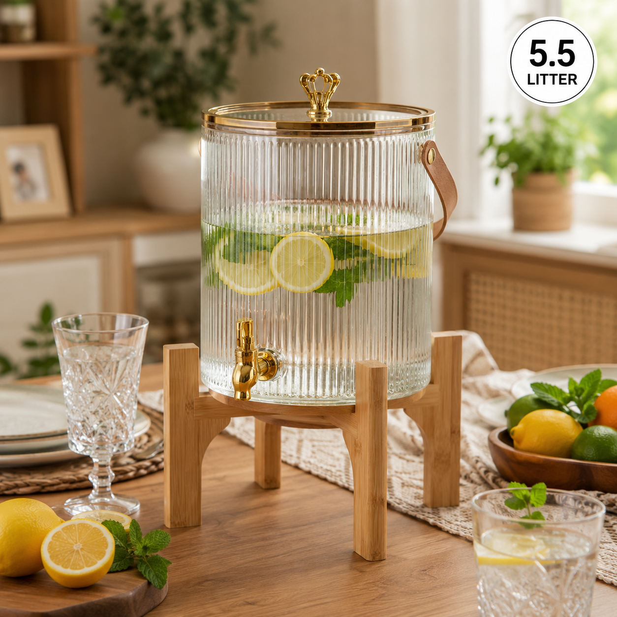5.5L Ribbed Glass Beverage Dispenser with Wooden Stand & Gold Tap