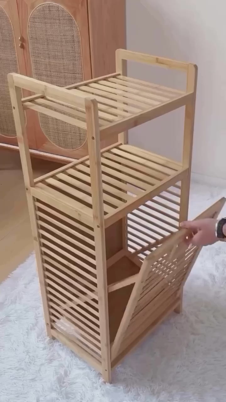 Bamboo 2- Tier Storage Rack Laundry Bsket Dirty Clothes Basket for Living Room Bedroom